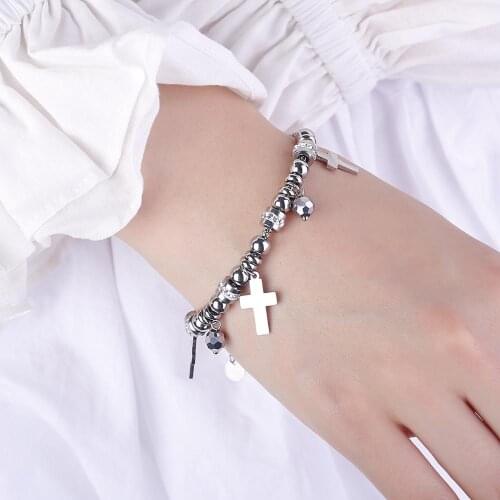 Stainless Steel Cat Moon Heart Star Clover Charms Bracelet Music Note Crystal Beads Bracelet For Women Gifts trendy Jewelry 2021