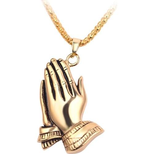 Praying Hand Pendant Necklace Christian Religious Charm Collar For Layering Necklace Gift Making Long Chain Hip Hop Jewelry Men