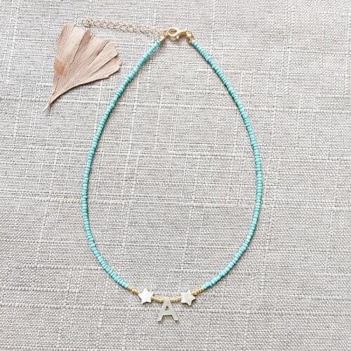 Shell Initial Letter Choker Handmade Blue Rice Beads Necklace Women Fashion Cute Star Embellishment Christmas Gift for Girl 2021