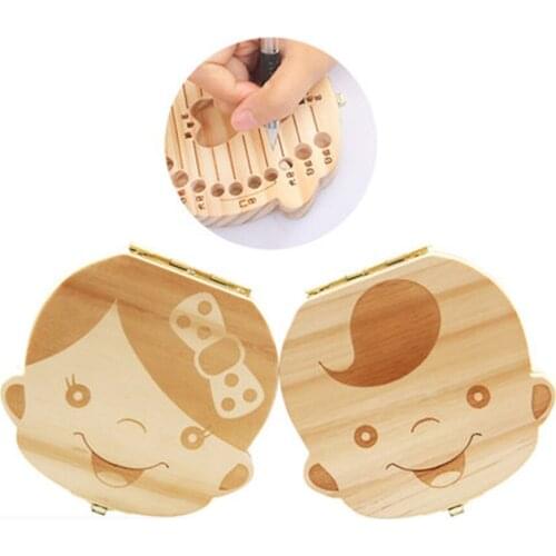 Baby Wooden Teeth Box Spanish/English/Portugal/French/Russian Text Optional Baby Tooth Organizor Umbilica Lanugo Collector New