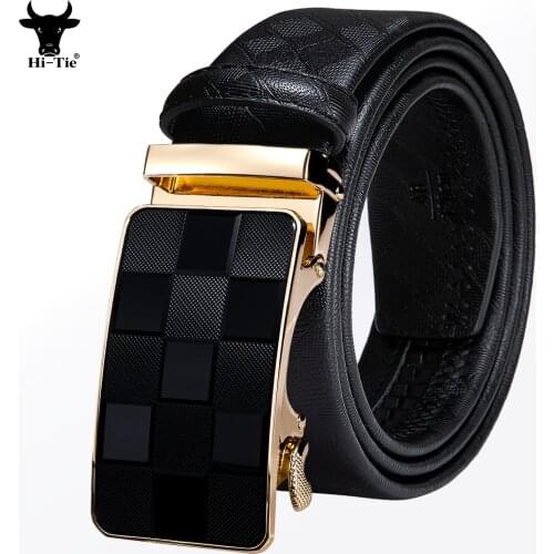 Hi-Tie Designer Black Leather Mens Belts Automatic Buckles Ratchet Slide Waist Straps Dress Jeans Business Work Daily Male XXXL