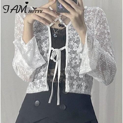 Kawaii White Lace Floral Cardigan Women Sexy Transparent Flare Long Sleeve Crop Top Korean Style All-match Overshirt Iamhotty