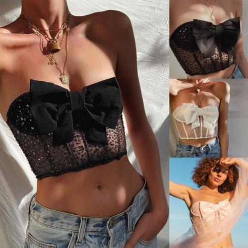 Fashion Sexy Corset Crop Tops Horizontal Neck Sequin Bowknot Bustiers Underwear Party Clothing for Womens