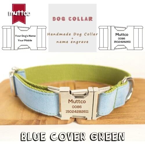 MUTTCO retailing self-design collar BLUE COVER GREEN handmade collar engraved pet collar with nameplate phone ID 5 sizes UDC033