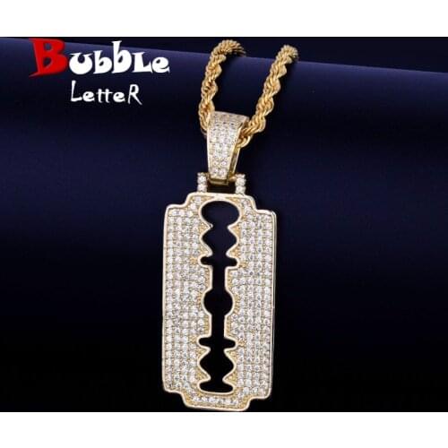 Mens Razor Blade Pendant Necklace & Pendant Gold Color Cubic Zircon Mens Hip Hop Jewelry