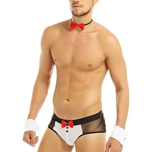 Mens Exotic Lingerie Sex Tuxedo Set Candyman Costumes Night See Through Butt Jockstraps Splits Underwear with Bow Tie