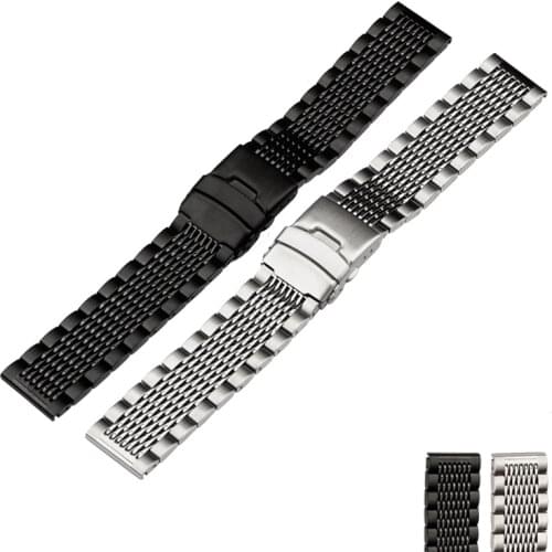 20 22 24MM Stainless Steel Strap Flat Universal Replacement Diving Watch Band 15 Beads Solid Belt