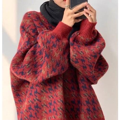 Streetwear Houndstooth Thick Women Sweater Vintage Loose All-match Knitting Fashion Tops Oversize Lantern Sleeve Female Pullover