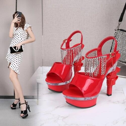 2021 New Summer Gun Heel Womens Sandals Sexy 14CM High Heels Platform Diamonds Fringe Striptease Dance Candy Colors Shoes 34-43