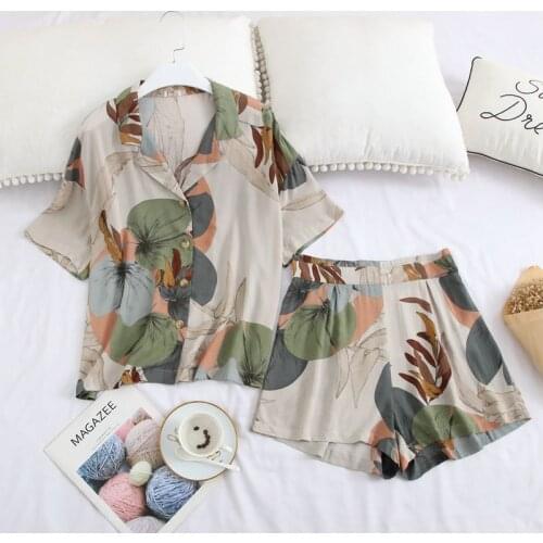 Ladies pajamas Palm Leaf Printing Pajamas set Home Wear Short Sleeved Lounge 2 pcs Pijama Mujer Shorts Sleepwear Sexy Home suit