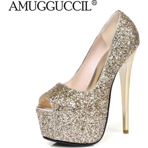 2021 New Big Size 35-48 Gold Silver Peep Toe Fashion Sexy Wedding Party 15.5CM High Heel Platform Lady Shoes Women Pumps D1275