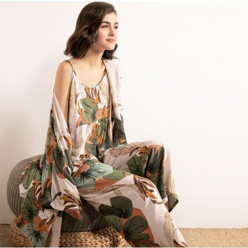 Cross-Border Spot Womens Sling Cotton Silk Three-Piece Suit Rayon Womens Comfortable Homewear Suit Pajama Set Women