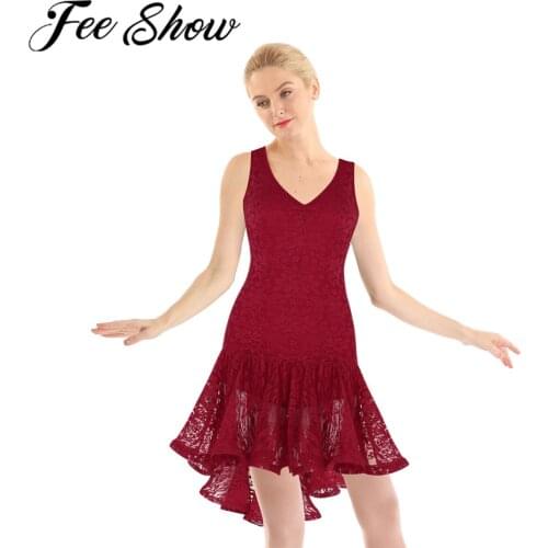 Adult Women Scoop Neck Ruffled Latin Samba Dance Dress Female Ballroom Skirt Tango Ballet Cha Cha Floral Lace Dancewear Costume