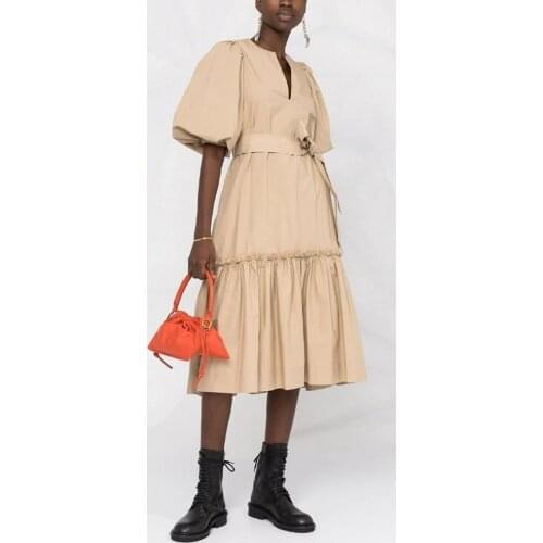Half Lantern Sleeve Womens Dress 2021 New Front Split Collar Summer Dresses Khaki Pleated Fungus Patchwork Dress With Sashes
