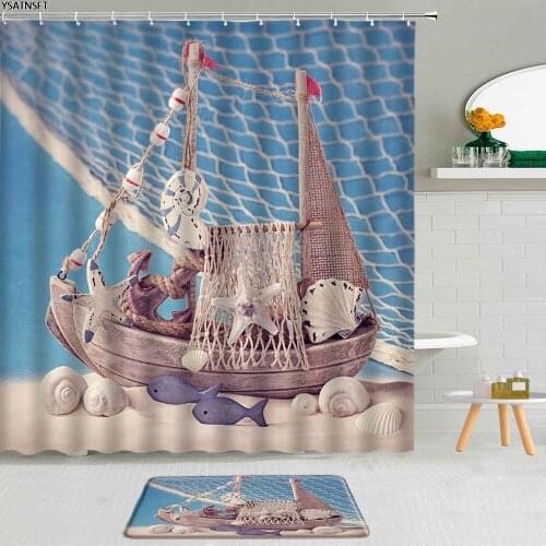 2Pcs Beach Shells Ocean Scenery Shower Curtain Starfish Blue Wooden Board Background Bathroom Non-Slip Bath Mat Curtains Pad Set