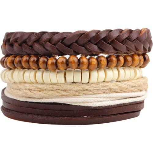 4pcs/set Handmade Boho Gypsy Hippie Trendy Brown Leather Rope Cord Beige Wood Bead Charm Stacked Wrap Layers Men Women Bracelets
