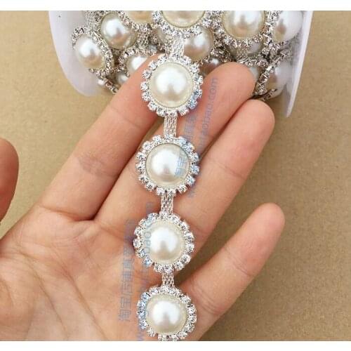 90cm/lot 2.1cm round big pearl crystal rhinestone metal chain for bridal wedding dress decoration DIY shirt shoes hair accessory