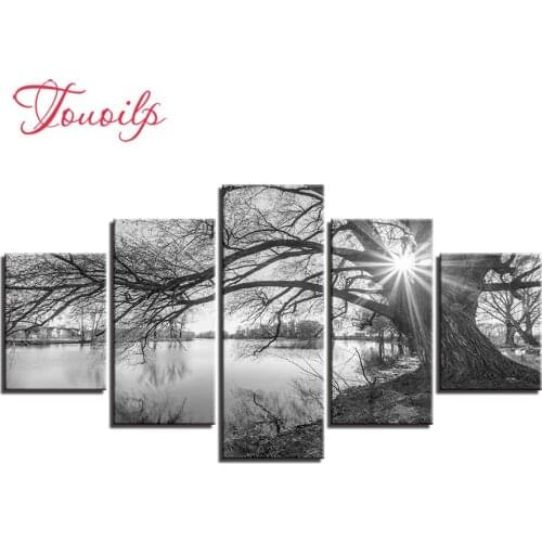 Diamond painting 5 Pieces Lakeside Big Trees Paintings Black White Landscape,embroidery diamond mosaic square rhinestones cross