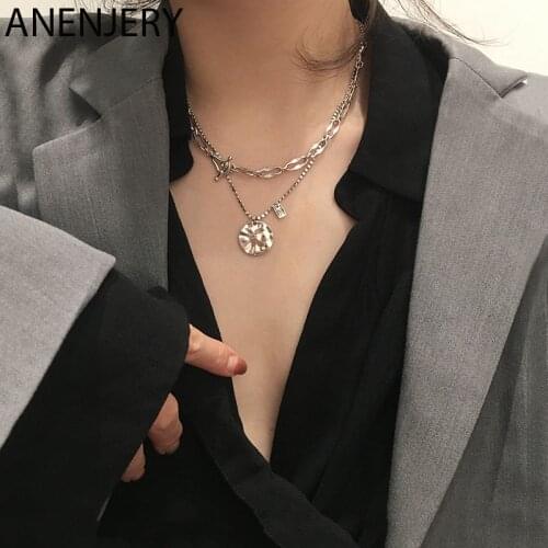 ANENJERY 925 Sterling Silver Irregular Disc Pendent Necklace For Men Women Thick Chains Necklaces Hip Hop Couple Jewelry S-N593