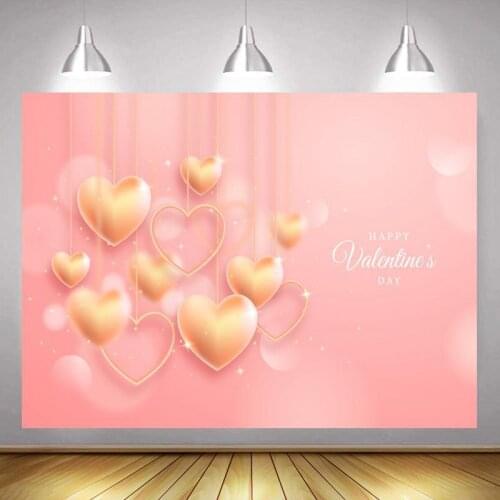 Golden Heart-Shaped Balloon Valentines Day Happy Pink Background Couples Party Venue Decorative Photography Studio Backdrop