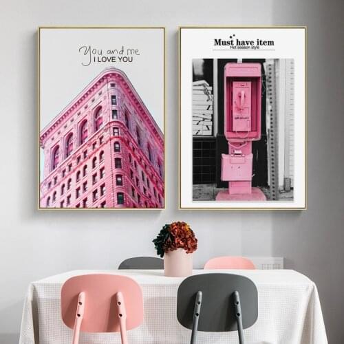 Pink Car Street Building Canvas Painting Nordic Fashion Landscape Wall Art Posters And Prints Pictures For Living Room Decor