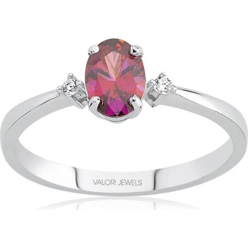 Valori Jewels 0.65 Carat, Zirconia Red And White Oval Gemstone, Rhodium Plated, Sterling Silver Solitaire Ring