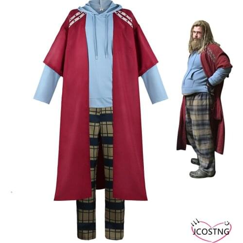 Superhero Thor Cosplay Endgame 4 Fat Thor Hooded Trench Pants Costume Halloween Carnival Role Play Beard Wig Full Suit