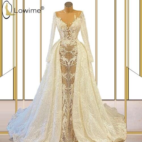 See Through Mermaid Wedding Dresses with Detachable Train Sexy Illusion Pearls Long Sleeve Lace Bridal Gowns Customized