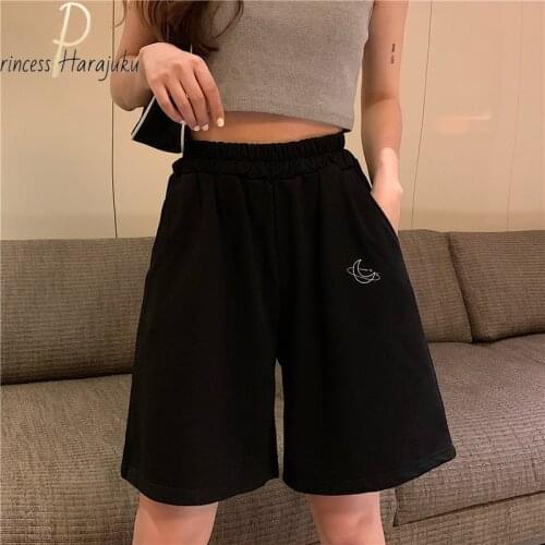 M-4XL Plus Size Women Casual Beach Party Korean Clothes Size Elastic High Waist Moon Letter Embroidery Movement Shorts Summer