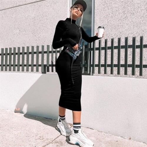 Neon green,black,red long sleeve zipper open collar body con midi dress slimming sheath Fashion streetwear neon womens clothes