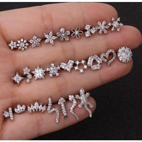 Stainless Steel Cz Snake Flower Moon Star Heart Cartilage Helix Conch Piercing Earring