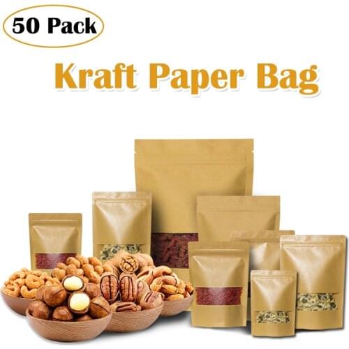 50PCS Kraft Paper Bags Reusable Waterproof Window Zip Lock Stand Up Bag Tea Coffee Bean Candy Storage Pouches Gift Packing Bag