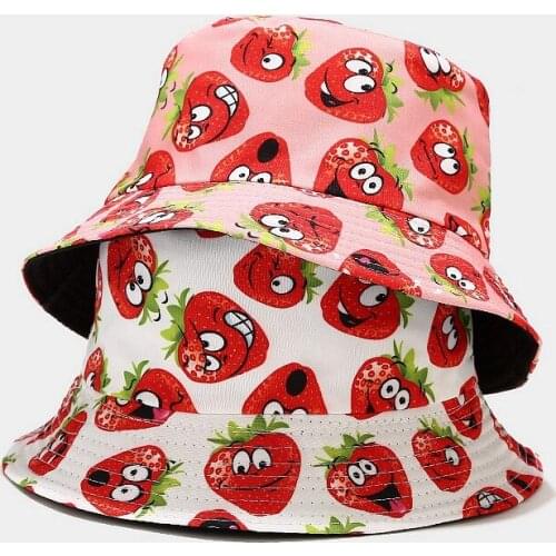 2021 Spring Grape Print Bucket Hat Strawberry Two Side Reversiable Summer Hat for Women Leisure Suncreen Panama Hat Bob Hat