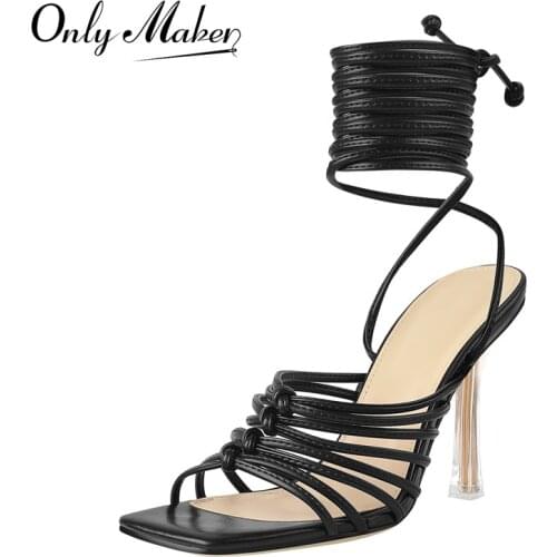 Onlymaker Summer Square Toe Sandals For Women Matte Black Ankle Cross Strap Narrow Band Knotted High Heel Shoes Big Size Concise