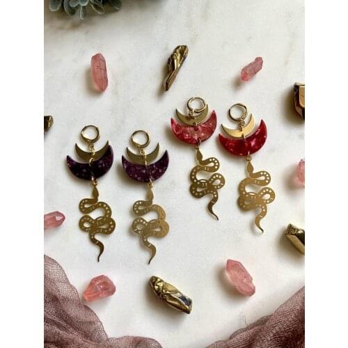 Snake Earrings, snake charmer, serpent, crescent moons,statement, gothic, alternative, steampunk