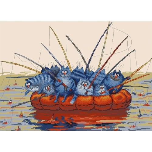 Top Quality Gold Collections Lovely Counted Cross Stitch Kit Funny Blue Cats Fishing Cat in the Llake Catch