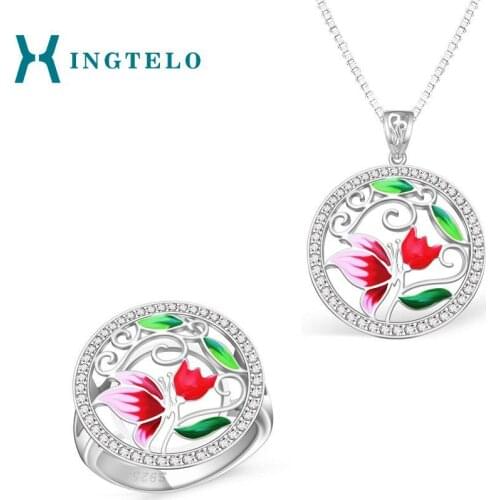 XINGTELO Silver 925 Jewelry Set Crystal Romantic Colorful Enamel Butterfly and Flower Ring Pendant Chain for Bridal Wedding
