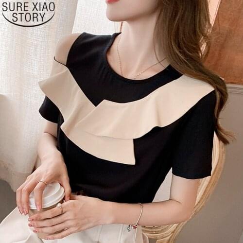 2021 Summer New Elegant Off Shoulder Blouse Blusas Mujer De Moda 2021 Short Sleeve Chiffon Shirt Women Sweet Ruffles Tops 15221