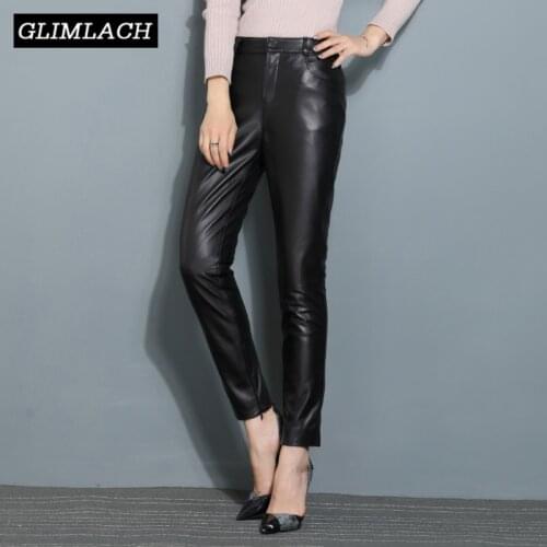 2020 Plus Size Real Leather Pencil Pants Office Lady High Waist Slim 100% Genuine Sheep Leather Trousers Women Full Length Pants