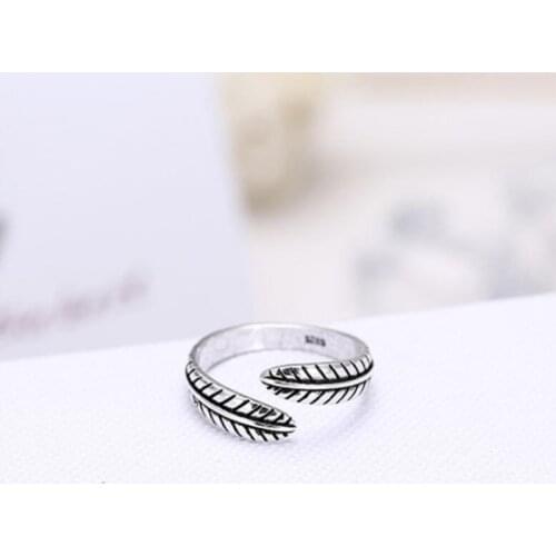 Sole Memory Retro Thai Silver Feather Leaf Classic Personality 925 Sterling Silver Female Resizable Opening Rings SRI256