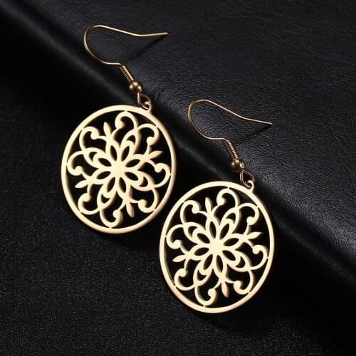 Sipuris Retro Flower Drop Earrings Filigree Stainless Steel Round Dangle Earrings For Women Fashion Jewelry Gift Accessories New