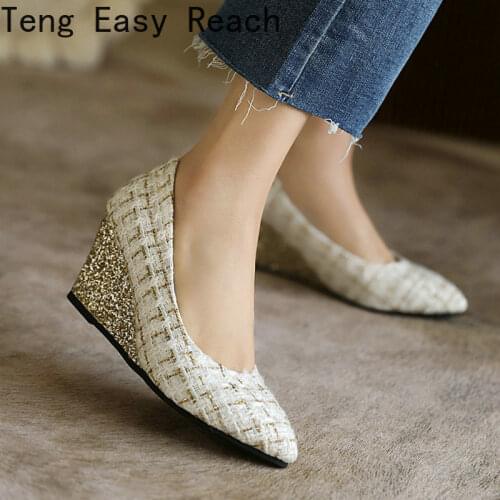 Plus Size 34-43 Microfiber Fashion Wedges Heel Pointed Toe Women Pumps Fashion Shallow Women Lazy Shoes Black Blue White