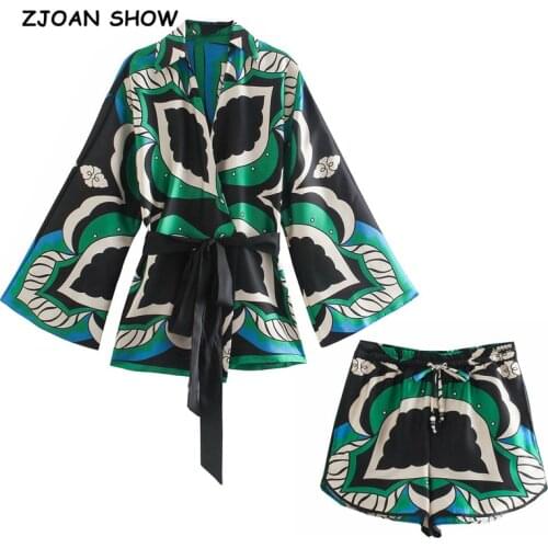 2021 Geometric Leaves Print Kimono Shirt Pajama Suits Elastic Straight Shorts Women Loose Long Sleeve Blouse Tops 2 Pieces Set