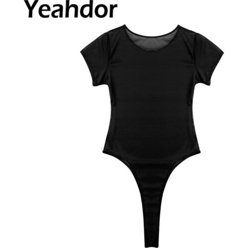 Womens One Piece Mesh See Through Sheer Teddy Lingerie Bodysuit Short Sleeve High Cut Romper Bikini Thongs Swimsuit Jumpsuit
