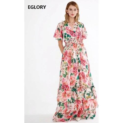High Quality Silk Long Dress 2020 Summer Casual Women Sexy V-Neck Red Flower Green Leaves Print Cascading Ruffle Maxi Dress 4XL