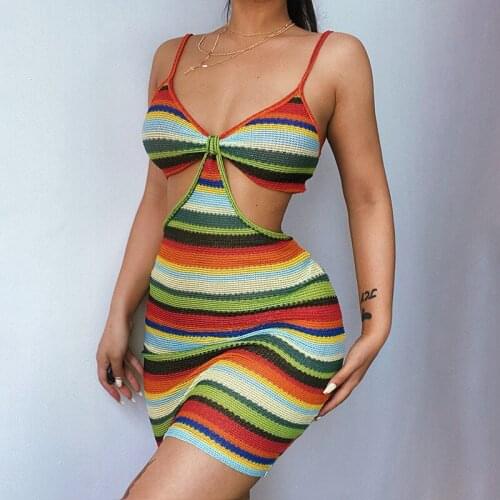 Summer Color Matching Stripes Sexy Hollow Sling Mini Dress Color Wrap Buttocks Tight-fitting Women Knitted Short Skirt -40