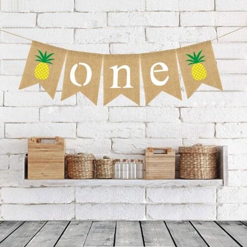 1 Set Kawaii 1st First Birthday Party Flag Pineapple ONE Printing Burlap Banners Bunting Baby Shower Hanging Garland Party Decor