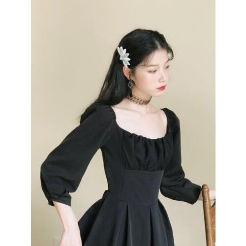 2019 new fashion womens Autumn retro dress black dress women