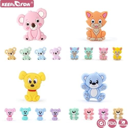 Keep&Grow 5Pcs Silicone Beads Koala Cat Teething Toys For Pacifier Clips Necklace Accessories Silicone Baby Teether For Babies