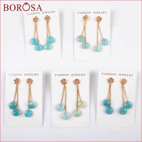 BOROSA 5Pairs Gold Color Faceted Amazon Stone Dangle Earrings Jewelry Natural Gems Stone Drop Earrings WX951